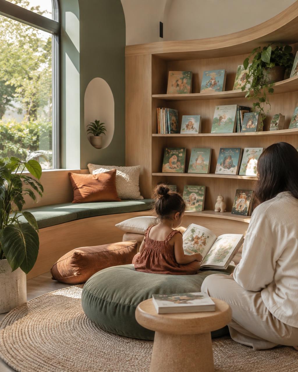 Illustrative reading corner with a child and educator